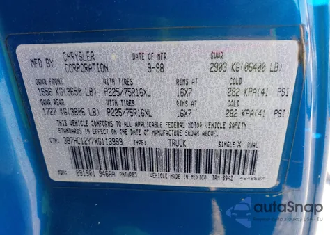 1999 Dodge Ram 1500 St from USA, damaged, VIN 3B7HC12Y7XG113999